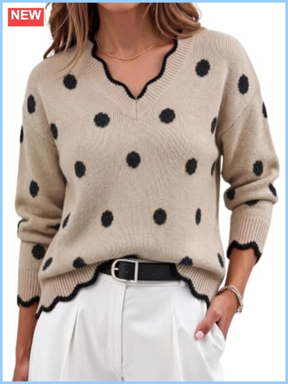 Womens V-Neck Fuzzy Scalloped Trim Pullover Sweater Long Sleeve Knit